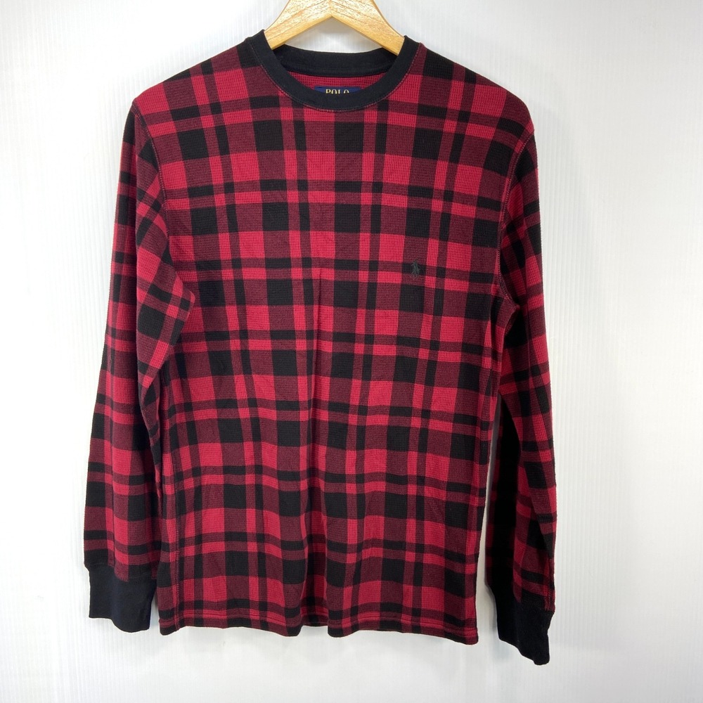 Polo Ralph Lauren Red‎ Black Plaid Thermal Waffle Long Sleeve Shirt Mens Small
